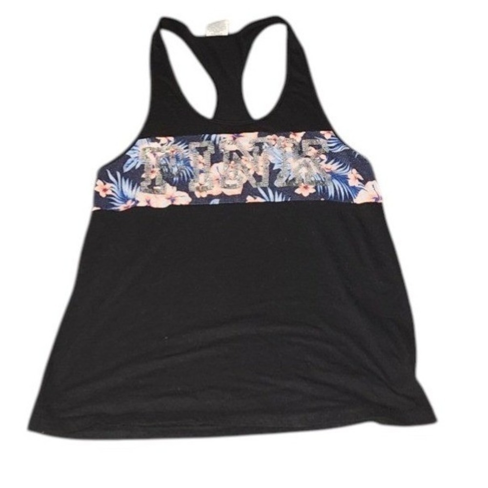 PINK Victoria's Secret Black Floral Trim‎ Racerback Tank Top Size XS